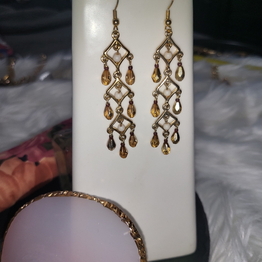 Gold & Amber beads chandelier earrings